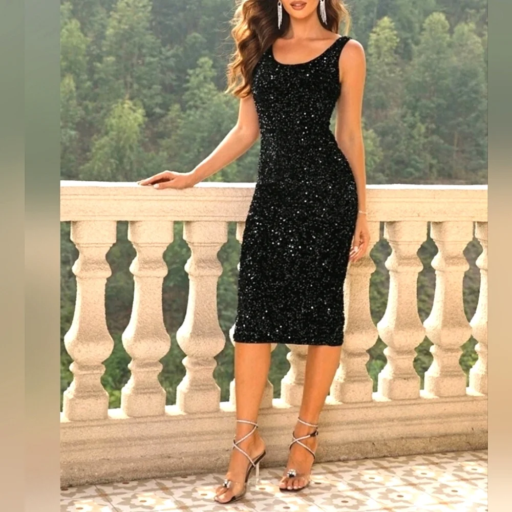 New Glam Sequin Velvet Stretch Dress Bodycon Tank Black - Picture 7 of 9